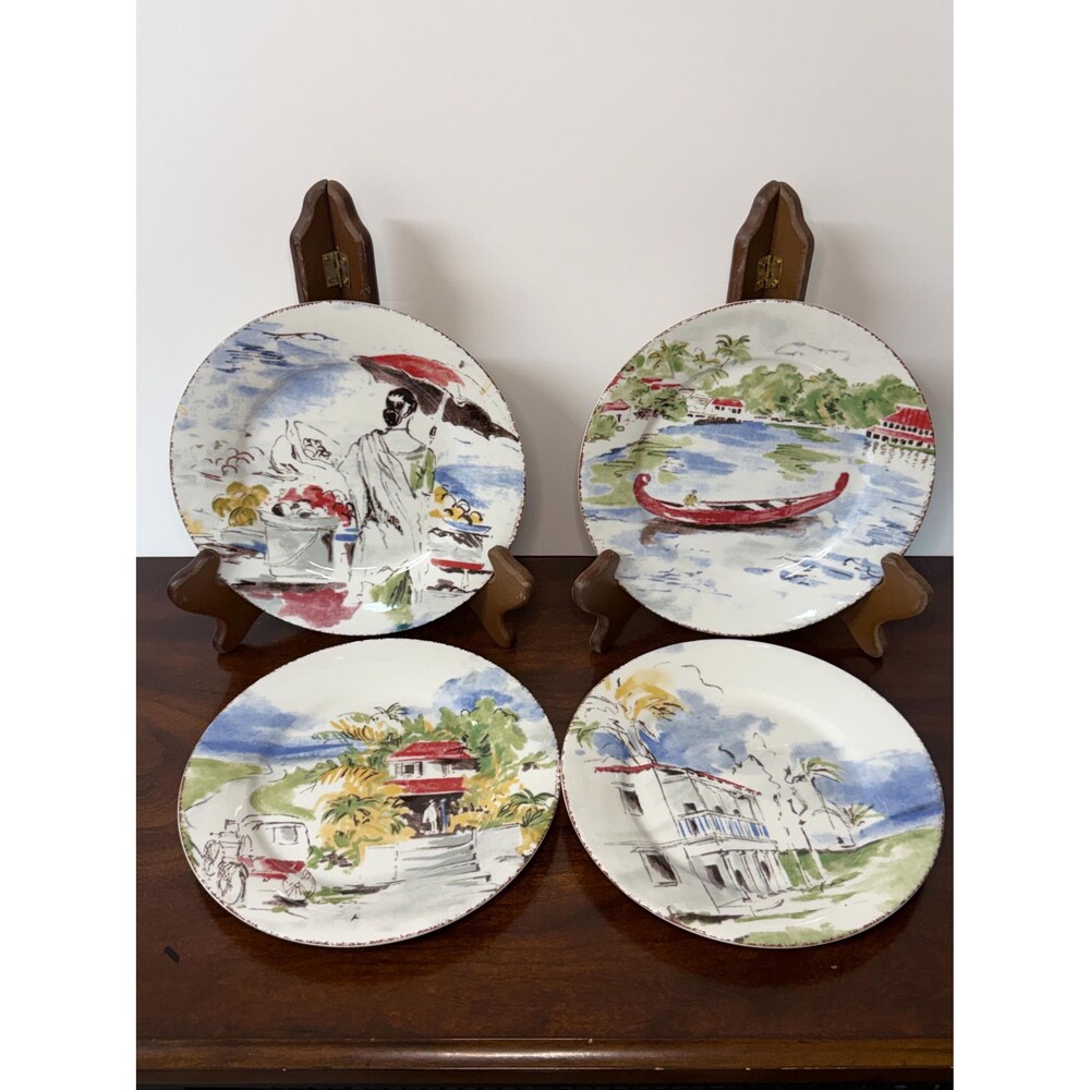 Vintage Pier 1 Destination Porcelain Plates Set of 4 Travel Scenes 7.5”